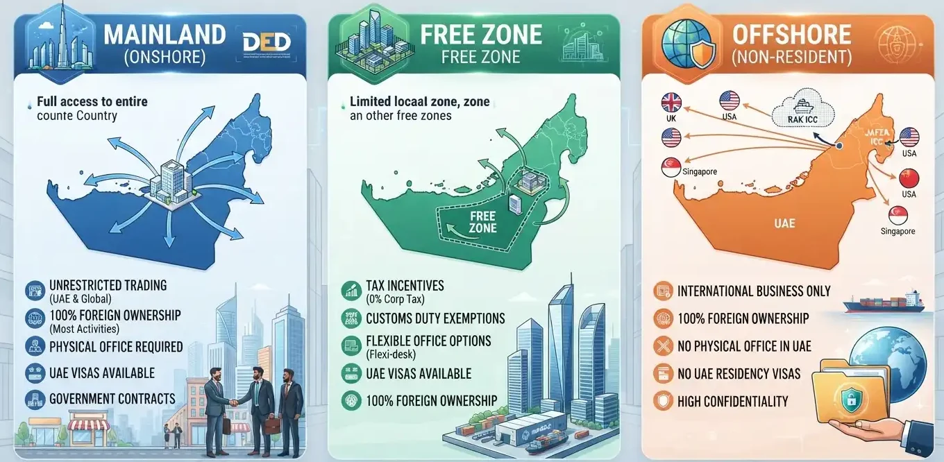 What is the difference between Mainland vs Free Zone vs Offshore